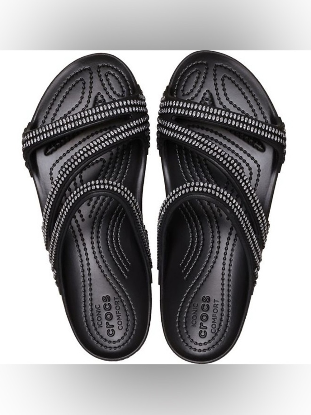 CROCS Women's Black Slide Sandals with Silver Beaded Straps